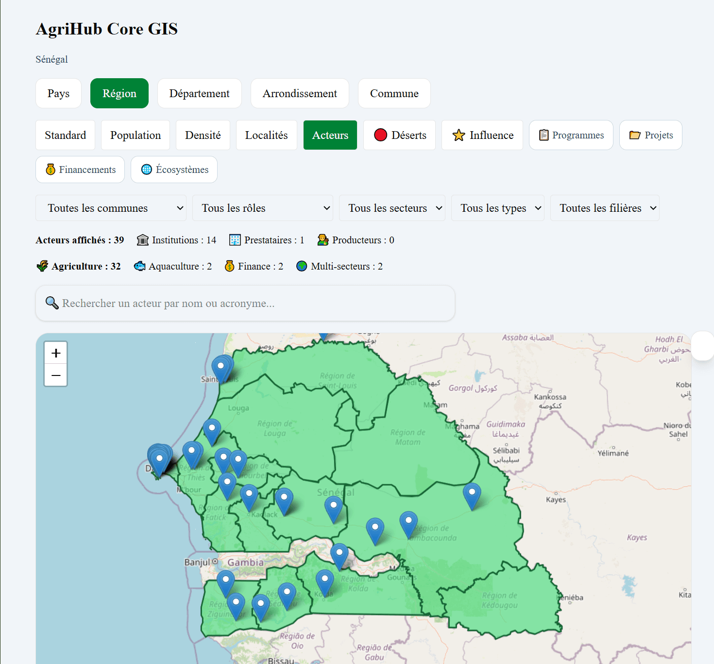 Carte du référentiel territorial AgriHub : acteurs géolocalisés par commune et par filière